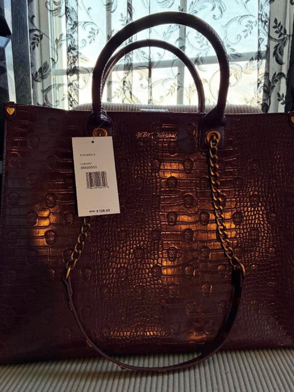 Betsy Johnson Large Wine Color Bag with Skulls NWT